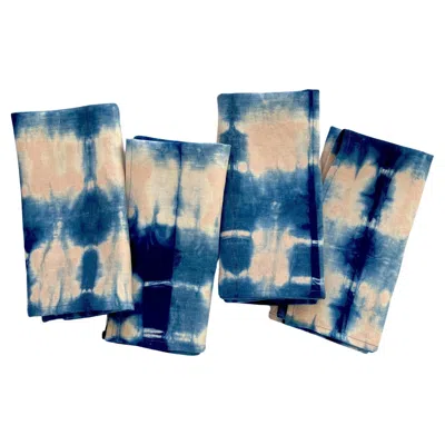 Pre-owned Rousseau Hand Dyed Linen Napkins, Rose Pink & Indigo Blue Abstract Pattern, Set Of Four In Red