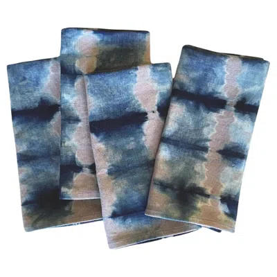 Pre-owned Rousseau Hand Dyed Linen Napkins, Silver Gray & Indigo Blue Abstract Pattern, Set Of Four