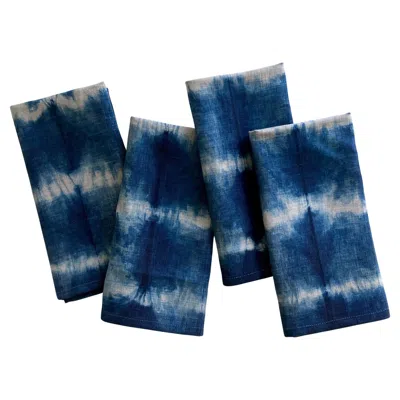 Pre-owned Rousseau Hand Dyed Linen Napkins, Silver Gray & Indigo Blue Stripe Pattern, Set Of Four
