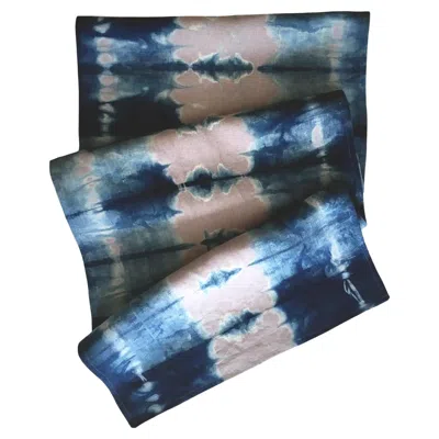 Pre-owned Rousseau Hand Dyed Linen Table Runner, Silver Gray & Indigo Blue Abstract Pattern