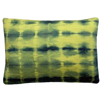 Pre-owned Rousseau Hand Dyed Silk Pillow, Canary Yellow & Indigo Blue Dash Abstract Pattern