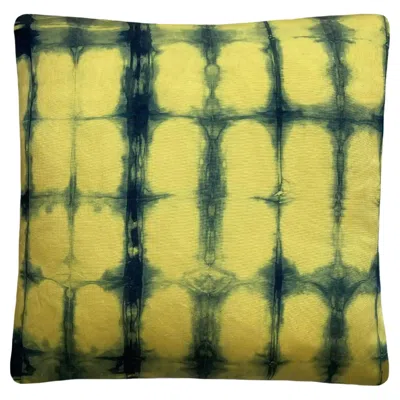 Pre-owned Rousseau Hand Dyed Silk Pillow, Canary Yellow & Indigo Blue Grid Abstract Pattern
