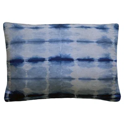 Pre-owned Rousseau Hand Dyed Silk Pillow, Silver Gray & Indigo Blue Dash Abstract Pattern