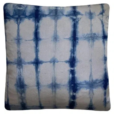 Pre-owned Rousseau Hand Dyed Silk Pillow, Silver Gray & Indigo Blue Grid Abstract Pattern