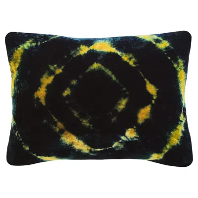 Pre-owned Rousseau Hand Dyed Silk Velvet Pillow, Gold & Indigo Blue Halo Abstract Pattern