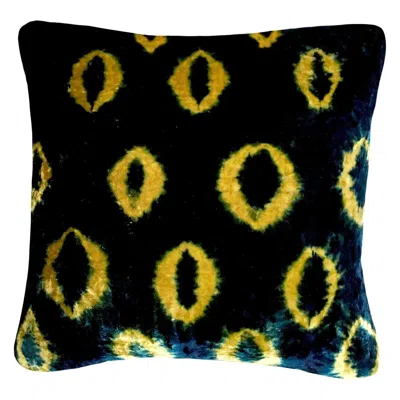 Pre-owned Rousseau Hand Dyed Silk Velvet Pillow, Gold & Indigo Blue Ikat Abstract Pattern