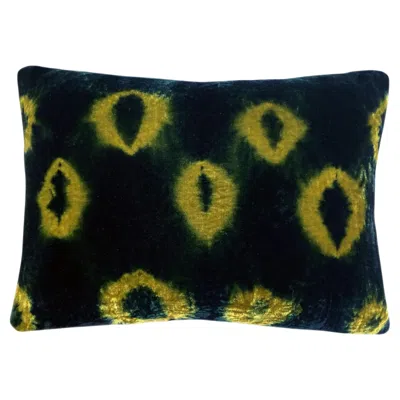 Pre-owned Rousseau Hand Dyed Silk Velvet Pillow, Gold & Indigo Blue Ikat Abstract Pattern