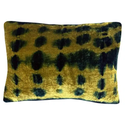 Pre-owned Rousseau Hand Dyed Silk Velvet Pillow, Gold & Indigo Blue Inkblot Abstract Pattern