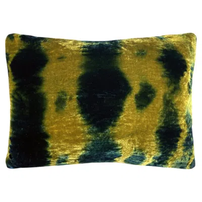 Pre-owned Rousseau Hand Dyed Silk Velvet Pillow, Gold & Indigo Blue Morse Abstract Pattern