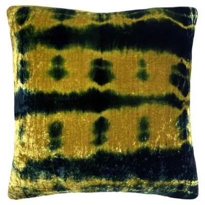 Pre-owned Rousseau Hand Dyed Silk Velvet Pillow, Gold & Indigo Blue Pleat Abstract Pattern