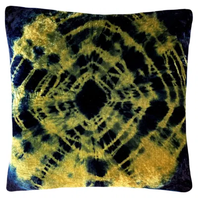 Pre-owned Rousseau Hand Dyed Silk Velvet Pillow, Gold Yellow & Indigo Blue Halo Abstract Pattern