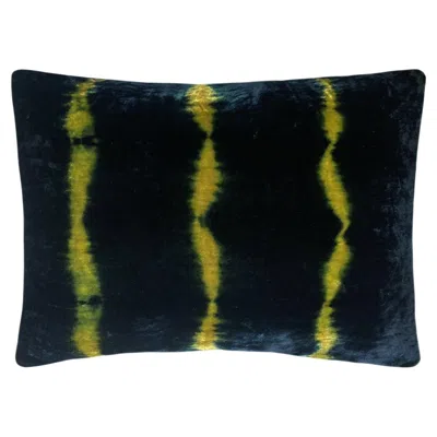 Pre-owned Rousseau Hand Dyed Silk Velvet Pillow, Gold Yellow & Indigo Blue Stripe Abstract Pattern
