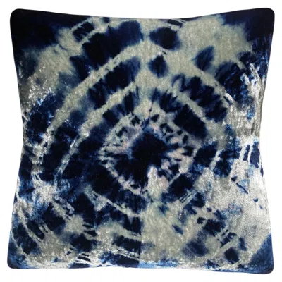 Pre-owned Rousseau Hand Dyed Silk Velvet Pillow, Silver Gray & Indigo Blue Halo Abstract Pattern