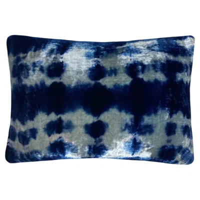 Pre-owned Rousseau Hand Dyed Silk Velvet Pillow, Silver Gray & Indigo Blue Inkblot Abstract Pattern