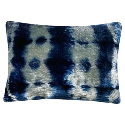 Pre-owned Rousseau Hand Dyed Silk Velvet Pillow, Silver Gray & Indigo Blue Morse Abstract Pattern