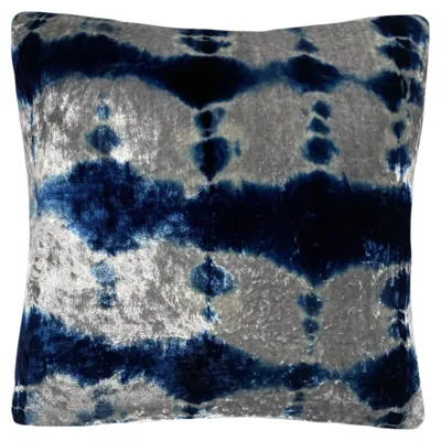 Pre-owned Rousseau Hand Dyed Silk Velvet Pillow, Silver Gray & Indigo Blue Pleat Abstract Pattern