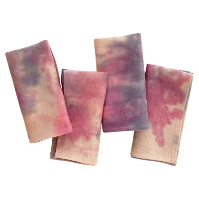 Pre-owned Rousseau Hand Painted Linen Napkins, Abstract Rose Pink Gray & Navy, Set Of Four In Red