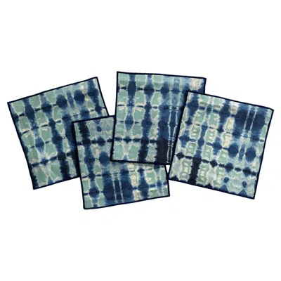 Pre-owned Rousseau Jade & Indigo Ripple Cocktail Napkins, Set Of Four In Green
