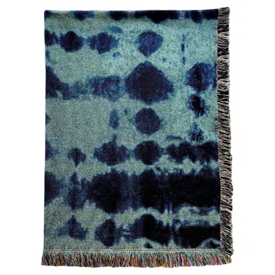 Pre-owned Rousseau Jade Green & Indigo Blue Inkblot Abstract Pattern Fringed Throw Blanket, 54 X 72