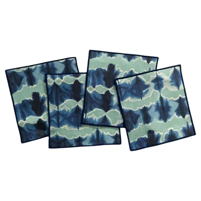 Pre-owned Rousseau Jade Green & Indigo Blue Linen Cocktail Napkins Set By