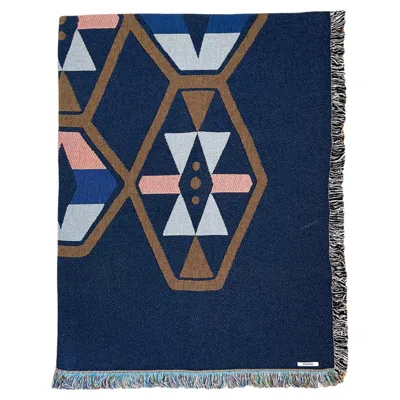 Pre-owned Rousseau Petite Fringed Throw Blanket, Twilight Navy Geometric Pattern, 40 X 54 In Blue