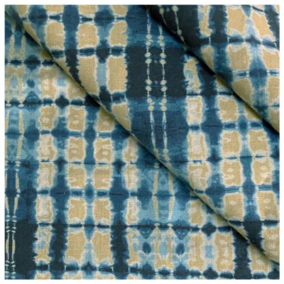 Pre-owned Rousseau Ripple Fabric In Gold And Indigo, Belgian Linen (fabric By The Yard) In Gray