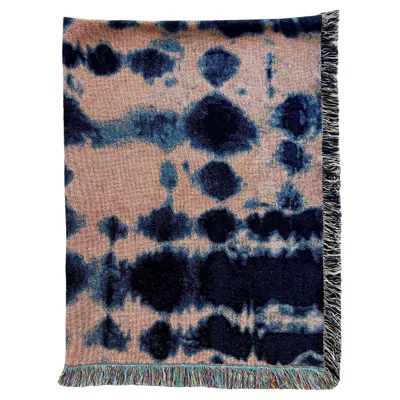 Pre-owned Rousseau Rose Pink & Indigo Blue Inkblot Abstract Pattern Fringed Throw Blanket, 54 X 72 In Red