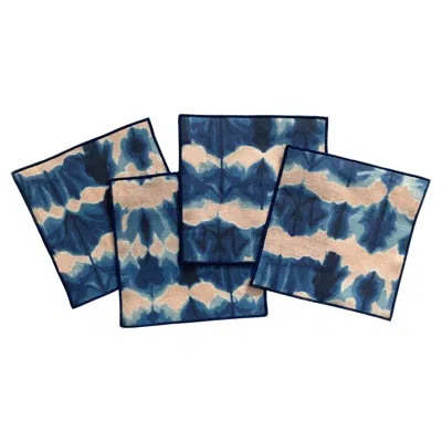 Pre-owned Rousseau Set Of 4 Rose Pink & Indigo Blue Linen Cocktail Napkins By  In Red