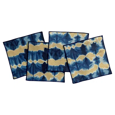 Pre-owned Rousseau Set Of Four Gold And Indigo Wave Cocktail Napkins, Modern Linen Design In Blue