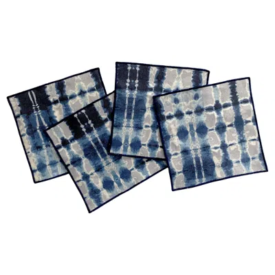 Pre-owned Rousseau Silver & Indigo Ripple Cocktail Napkins, Set Of Four In Blue