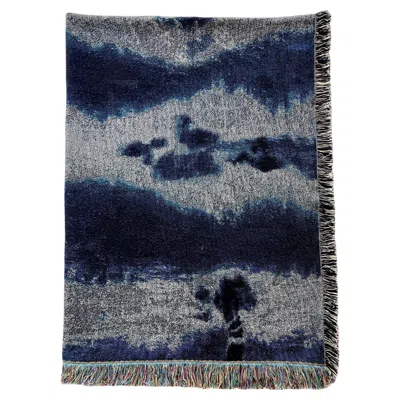 Pre-owned Rousseau Silver Gray & Indigo Blue Pleat Abstract Pattern Fringed Throw Blanket, 54 X 72
