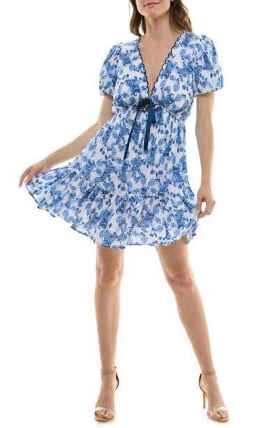 Row A Floral Minidress In Ivory-blue