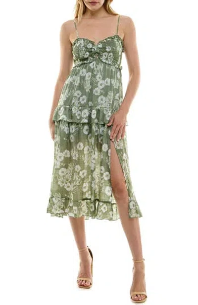 Row A Floral Smocked Midi Dress In Olive Floral