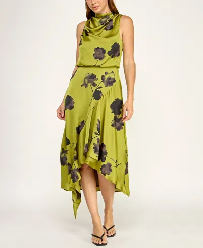 Row A Juniors' Cowl Neck Asymmetric Midi Dress In Green