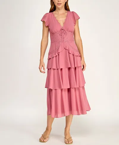 Row A Juniors' Lace Trim Tiered Midi Dress In Mauve