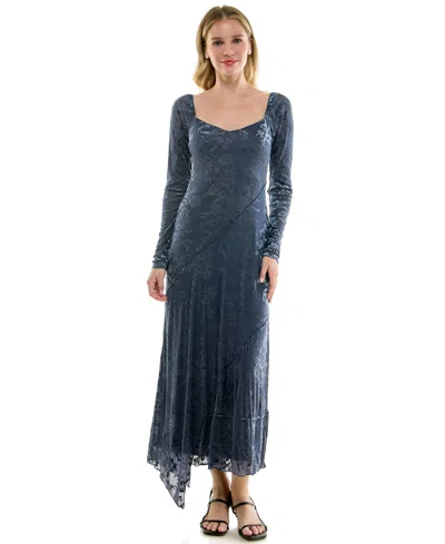 Row A Juniors' Long Sleeve V-neck Velvet Burnout Midi Dress In Blue