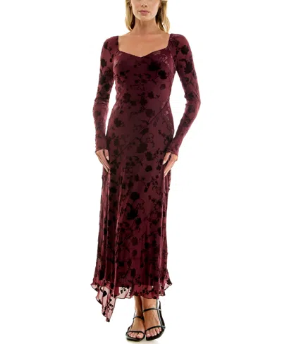 Row A Juniors' Long-sleeve V-neck Velvet-burnout Midi Dress In Burgundy