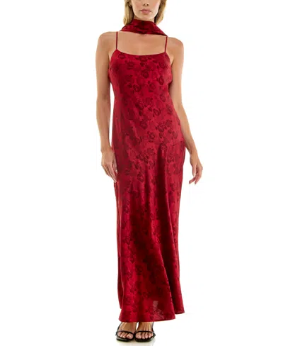 Row A Juniors' Sleeveless Floral Slim Jacquard-satin Maxi Dress With Matching Scarf In Red