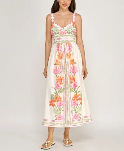 Row A Juniors' Sleeveless Scallop Strap Ruched Waist Midi Dress In Multi