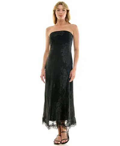 Row A Juniors' Strapless Midi Lace-trim Dress In Black