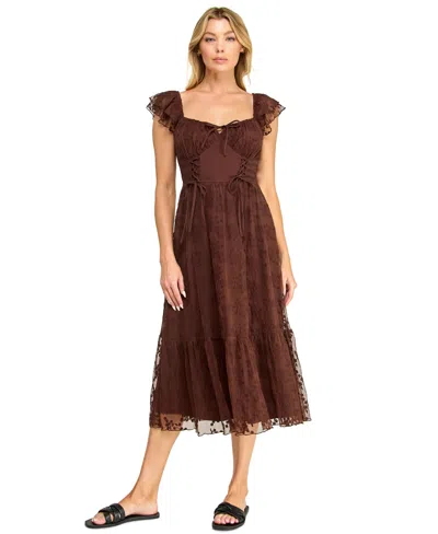 Row A Juniors' Sweetheart-neck Flutter-sleeve Lace Dress In Brown