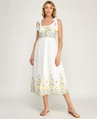Row A Juniors' Tie-shoulder Straps Embroidered Slim Sweetheart Neck Midi Dress In White Yellow Floral