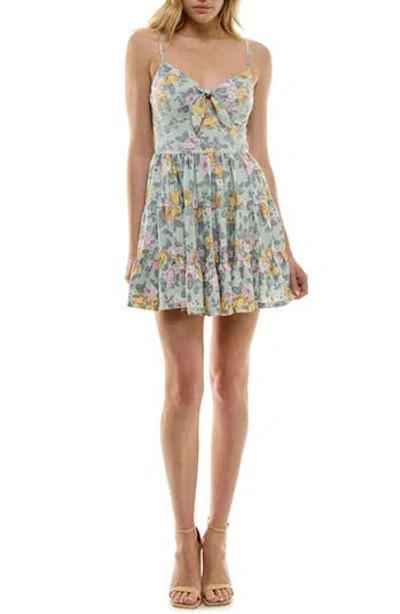 Row A Tie Front Fit & Flare Minidress In Green Floral
