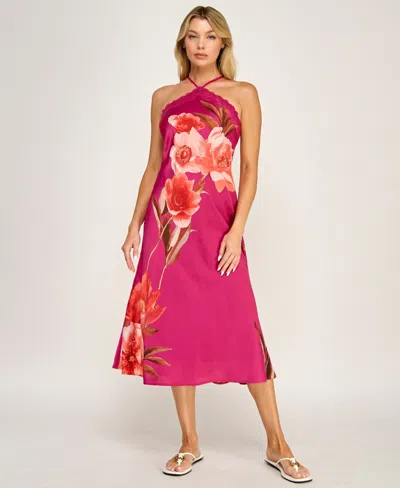 Row A Women's Printed Halter Neck Scallop Trim Midi Dress In Pink