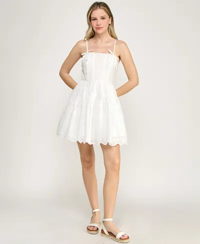 Row A Women's Sleeveless Corset Detail Embroidered Dress In White