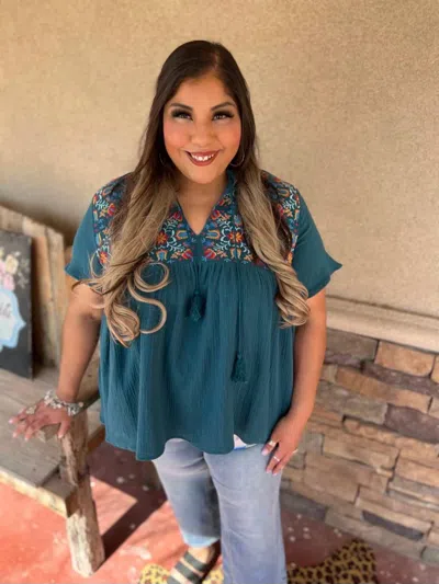 Rowdy Crowd El Reno Embroidered Top In Teal In Brown