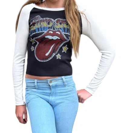 Rowdy Sprout Kids' Girls Rolling Stones Rib Long Sleeve Baseball Tee In Black In Multi