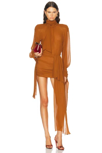 Rowen Rose Bow Neck Mini Dress In Tan