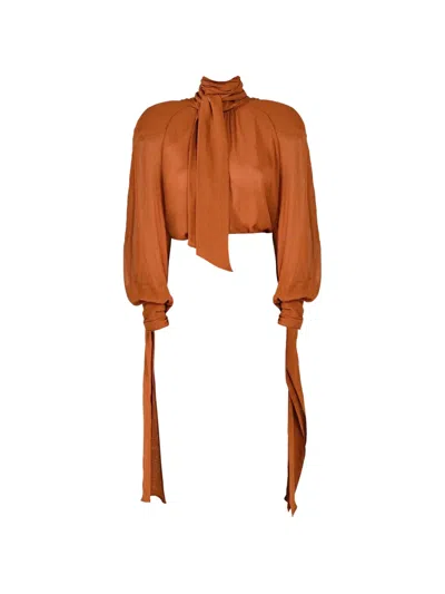 Rowen Rose Bow-neck Long-sleeve Blouse In Brown