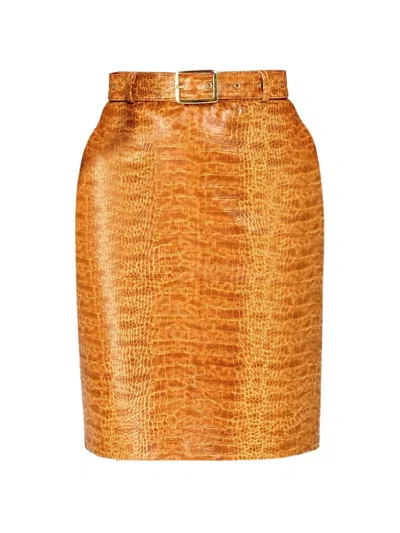 Rowen Rose Croc-effect Belted Pencil Skirt In Brown